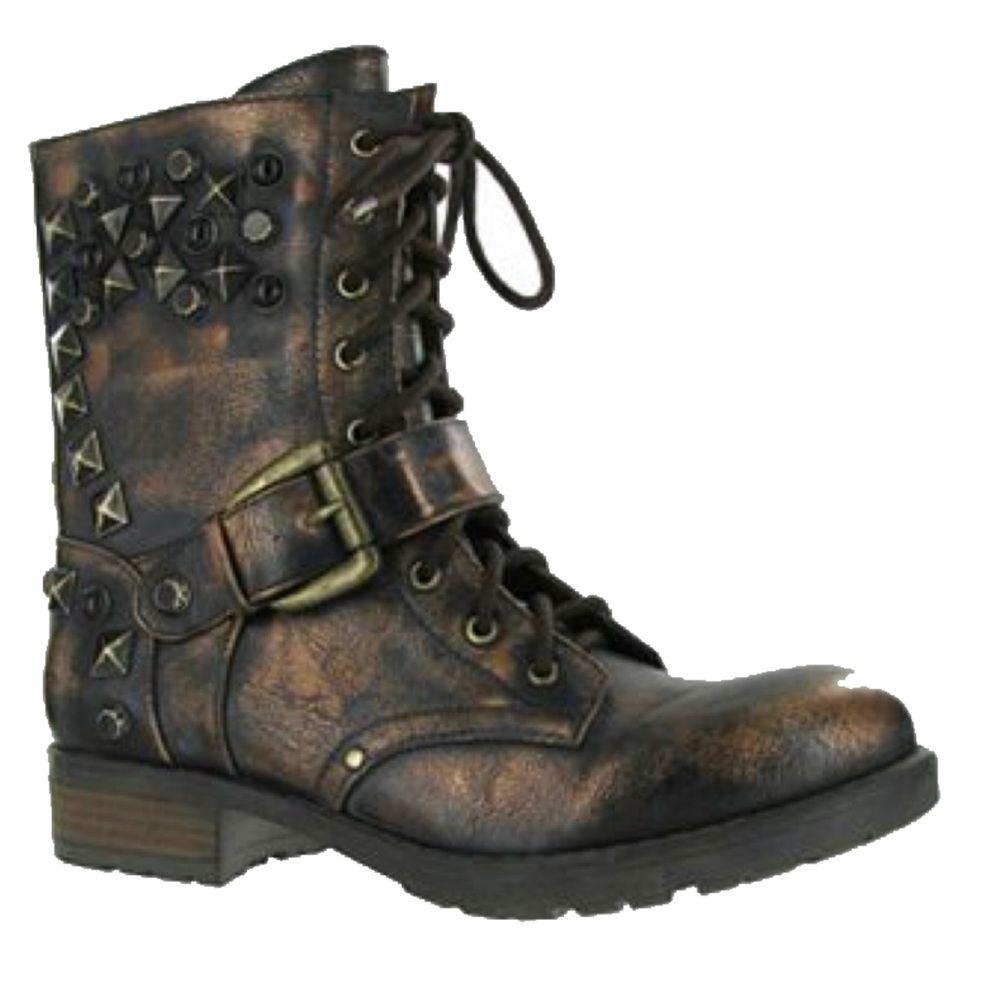 Mia bronze spike studded moto boots.